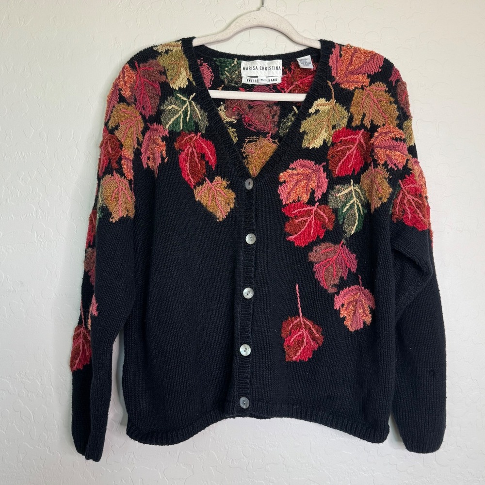 VTG Marisa Christina Fall Leaves Knit Cardigan Sweater L Autumn Harvest 90s